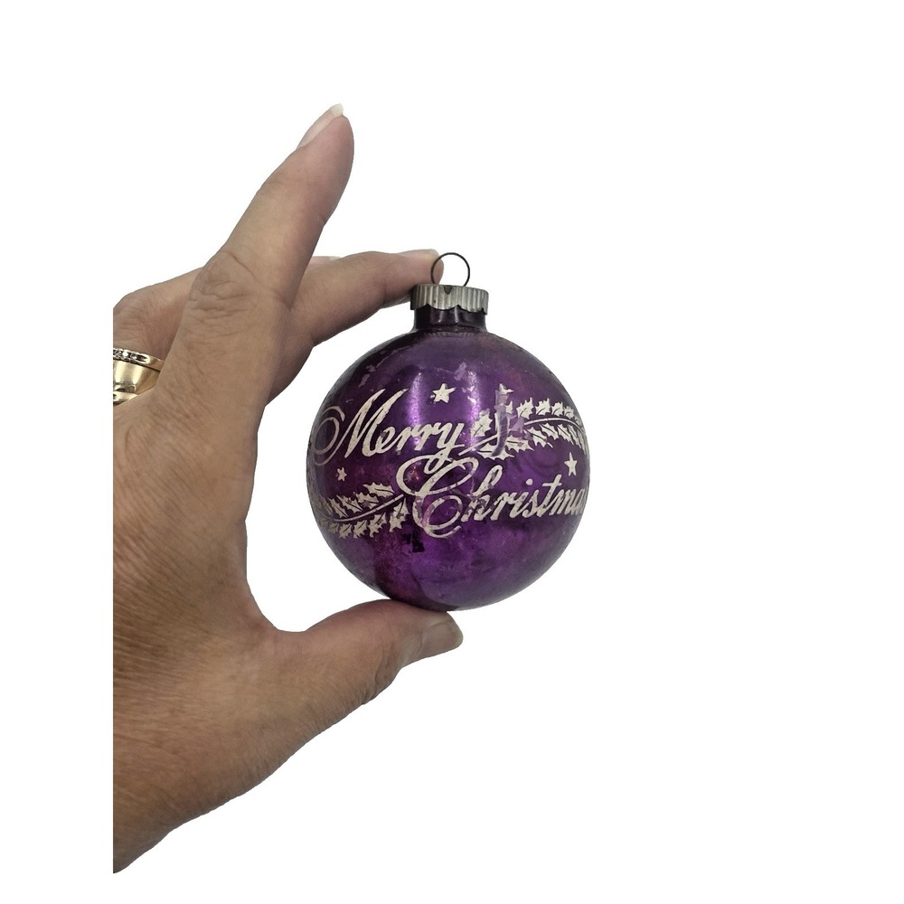 Vtg Mercury Glass Merry Christmas‎ Stencil Shiny Brite Ornament Purple ~ 3"